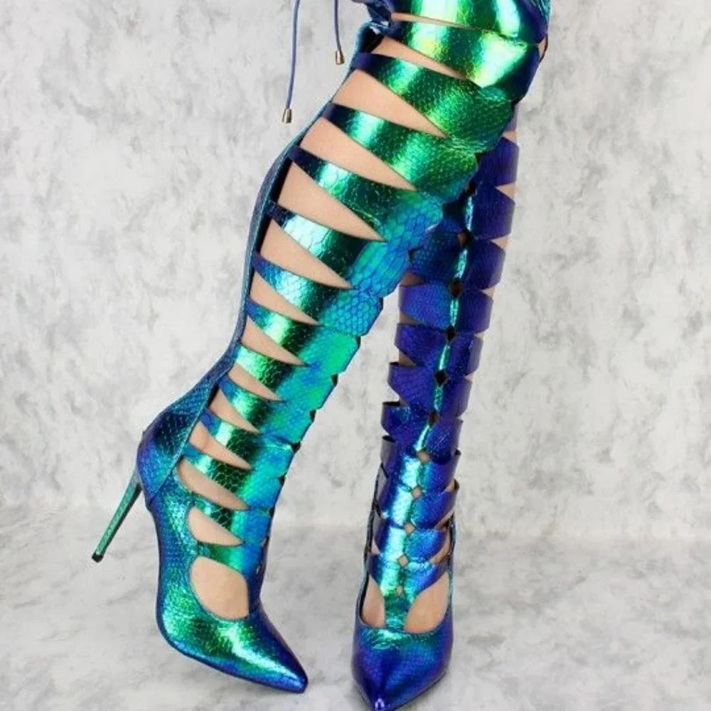 Mermaid Blue Cutout Detail Pointed Close Toe High Heels